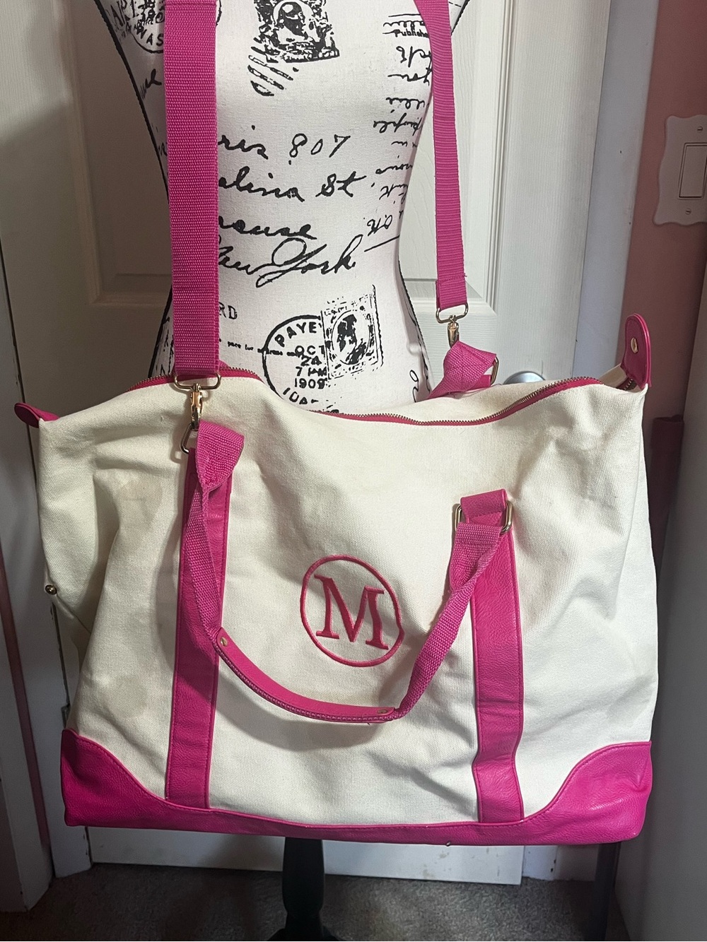 Pink canvas faux leather weekender M monogrammed bag